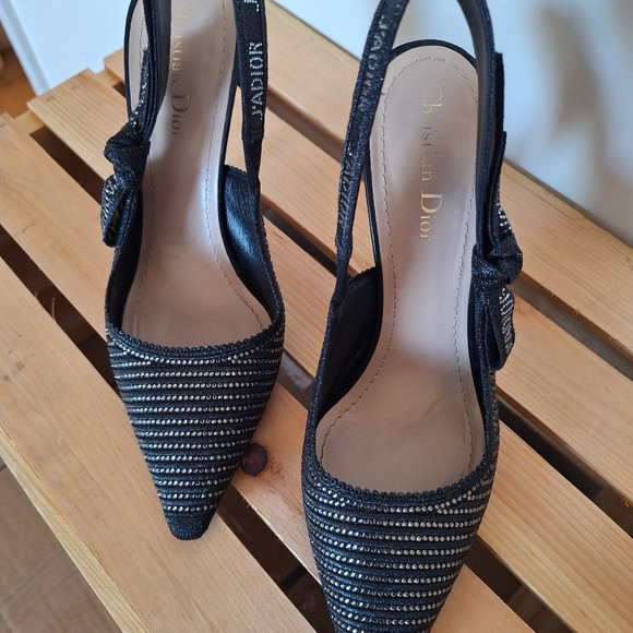 Christian Dior J'Adior Black Slingback Pumps w/ Silvertone Strass Crystal Sz 39 - Picture 10 of 12